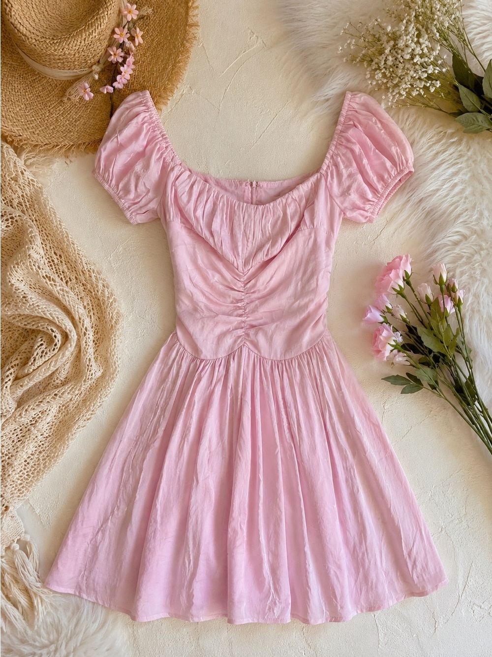 NWT Princess Polly Petal Mini Dress Pink Puff Sleeve Ruched Cottagecore US 4
